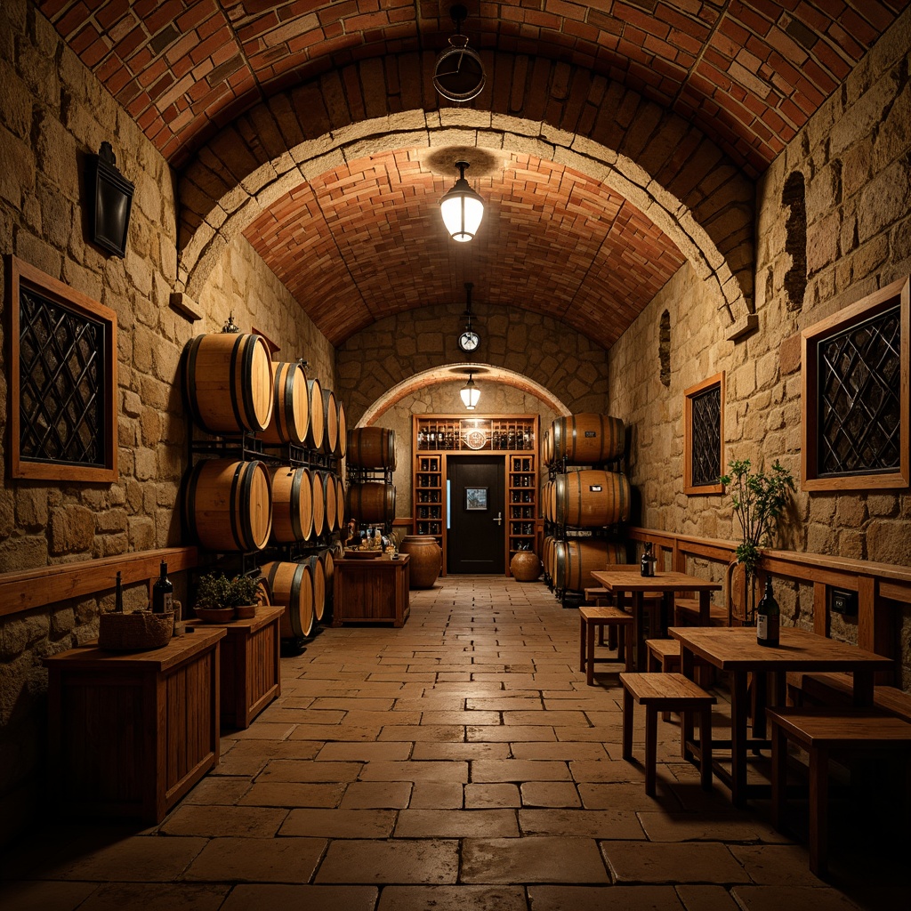 Prompt: Rustic wine cellar, stone walls, earthy tones, wooden barrels, dim warm lighting, brick archways, vaulted ceilings, rustic metal accents, wooden crates, vintage wine bottles, natural stone floors, cozy nooks, intimate seating areas, rich wood paneling, ornate metalwork, soft candlelight, shallow depth of field, 1/2 composition, moody atmosphere, realistic textures, ambient occlusion.