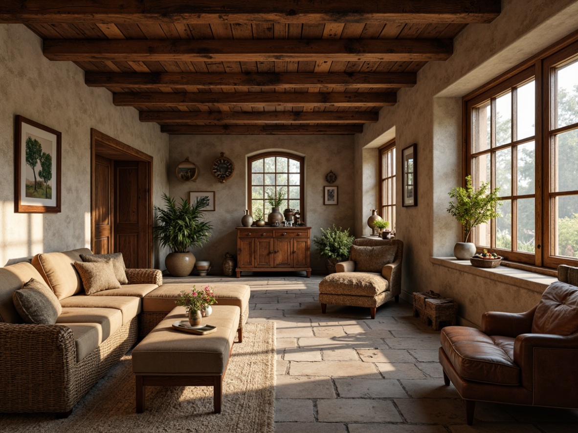 Prompt: Rustic building interior, earthy color palette, wooden accents, natural stone walls, exposed brick, distressed finishes, vintage decorations, warm lighting, cozy atmosphere, rich textures, weathered wood, metal ornaments, worn leather furniture, soft cushions, natural fabrics, botanical patterns, muted greenery, autumnal hues, warm beige tones, soft grays, earthy browns, rustic metal fixtures, antique hardware, wooden beams, rough-hewn stone floors, ambient lighting, soft focus, 1/1 composition.