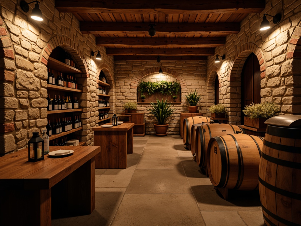 Prompt: Rustic wine cellar, stone walls, wooden barrels, dim warm lighting, earthy tones, natural textures, reclaimed wood accents, metal lanterns, brick archways, vintage wine bottles, distressed finishes, old world charm, cozy atmosphere, soft shadows, low-key illumination, 1/1 composition, intimate framing, realistic rendering, ambient occlusion.