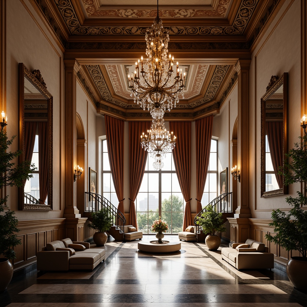 Prompt: Elegant neoclassical interior, ornate moldings, intricate carvings, luxurious fabrics, richly polished wood, gilded frames, crystal chandeliers, marble floors, high ceilings, grand staircases, sweeping arches, subtle color palette, soft warm lighting, atmospheric shadows, 1/1 composition, symmetrical layout, realistic textures, ambient occlusion.