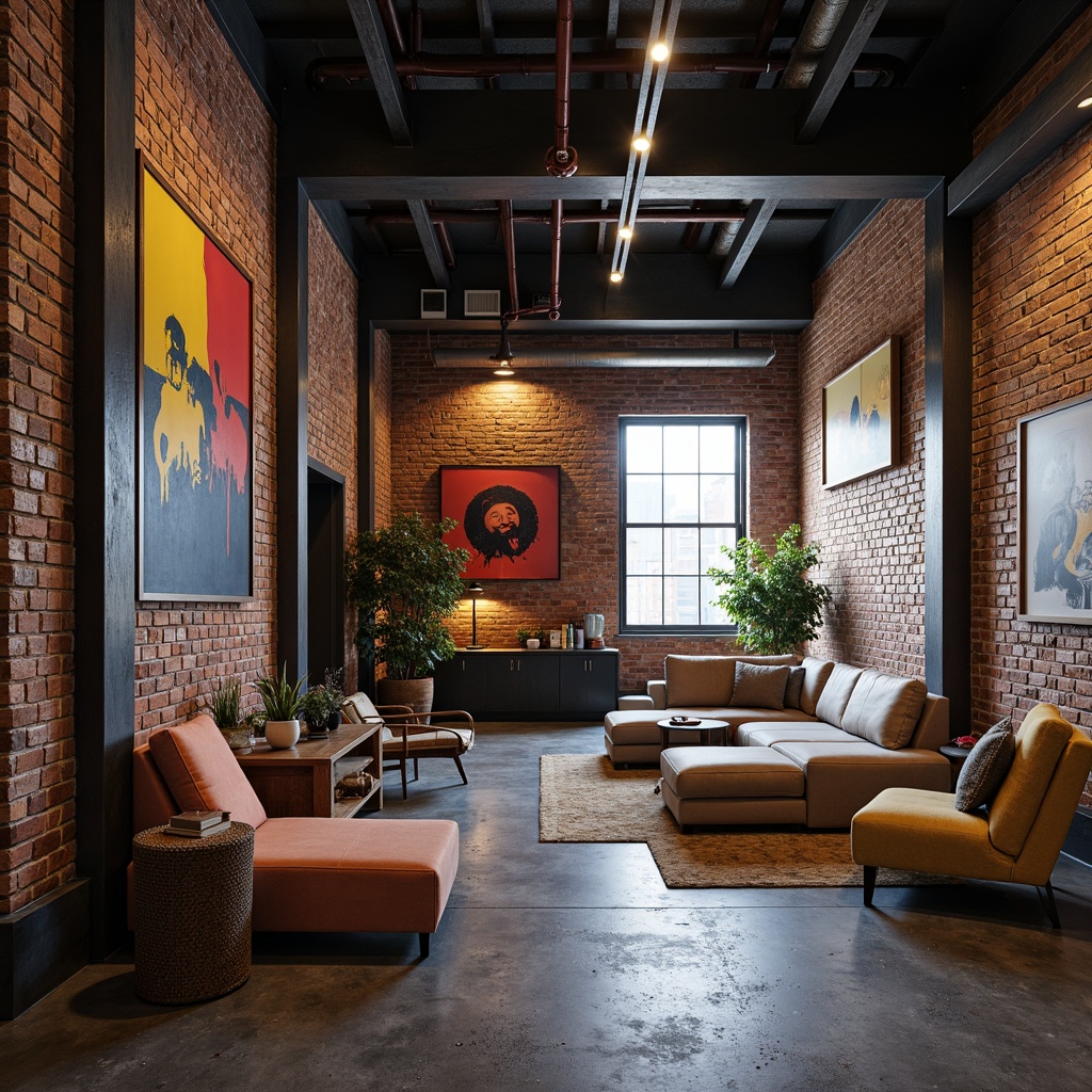 Prompt: Industrial chic loft space, exposed brick walls, concrete floors, metal beams, reclaimed wood accents, minimal ornamentation, monochromatic color scheme, pops of vibrant color, bold artwork, eclectic furniture, urban industrial atmosphere, warm task lighting, dramatic shadows, low-key ambient illumination, 1/2 composition, gritty textures, subtle reflections.