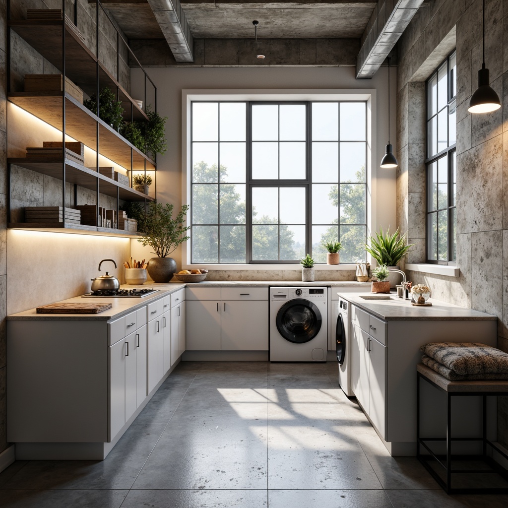 Prompt: Modern laundry room, sleek countertops, stainless steel appliances, glossy white cabinets, LED strip lights, under-cabinet lighting, pendant light fixtures, natural daylight, large windows, minimalist decor, industrial-style metal shelving, concrete floors, urban-chic ambiance, soft warm glow, 1/1 composition, realistic textures, ambient occlusion.