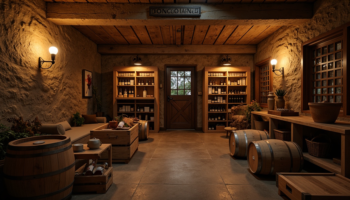 Prompt: Rustic wine cellar, wooden crates, vintage barrels, earthy stone walls, dim warm lighting, reclaimed wood shelving, metal frame racks, wooden lattice doors, distressed finishes, natural textures, rich brown tones, cozy intimate atmosphere, soft golden glow, 1/1 composition, shallow depth of field, realistic renderings.