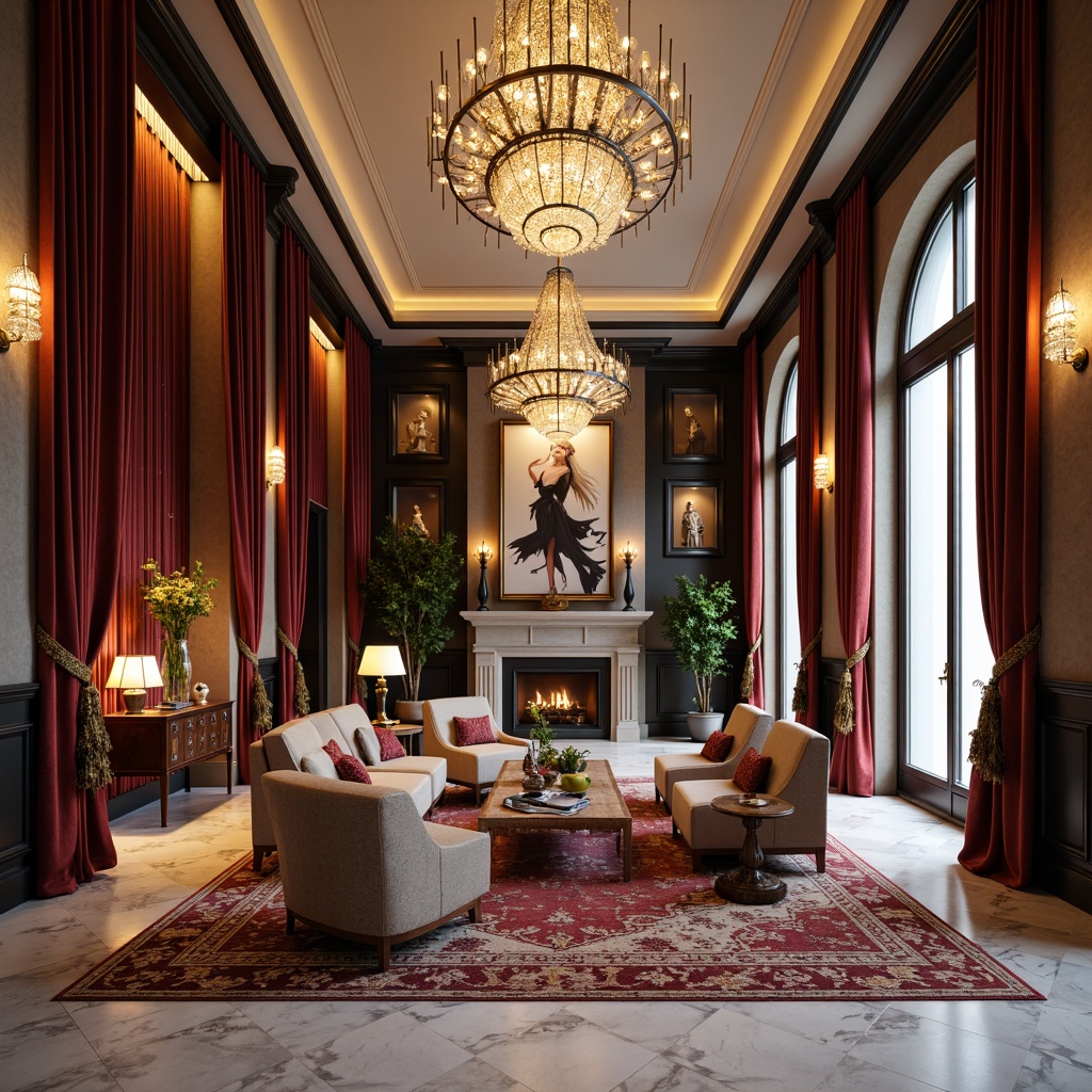 Prompt: Luxurious interior design, ornate furnishings, rich fabrics, velvet drapes, crystal chandeliers, metallic accents, polished marble floors, intricate moldings, statement walls, bold color schemes, lavish textiles, glamorous lighting fixtures, elegant vases, exotic rugs, sophisticated artwork, refined decorative accessories, opulent materials, high-end finishes, dramatic ceiling treatments, grandiose architectural details.