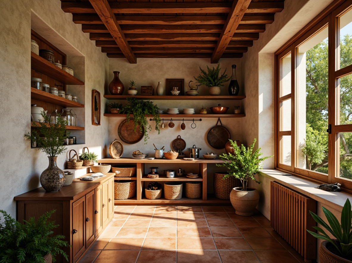 Prompt: Warm Mediterranean pantry, natural stone walls, rustic wooden shelves, earthy terracotta floors, distressed finishes, soft warm lighting, aromas of herbs and spices, woven wicker baskets, copper accents, vintage kitchen utensils, ornate ceramic tiles, sunny windows, lush greenery views, shallow depth of field, 1/1 composition, realistic textures, ambient occlusion.