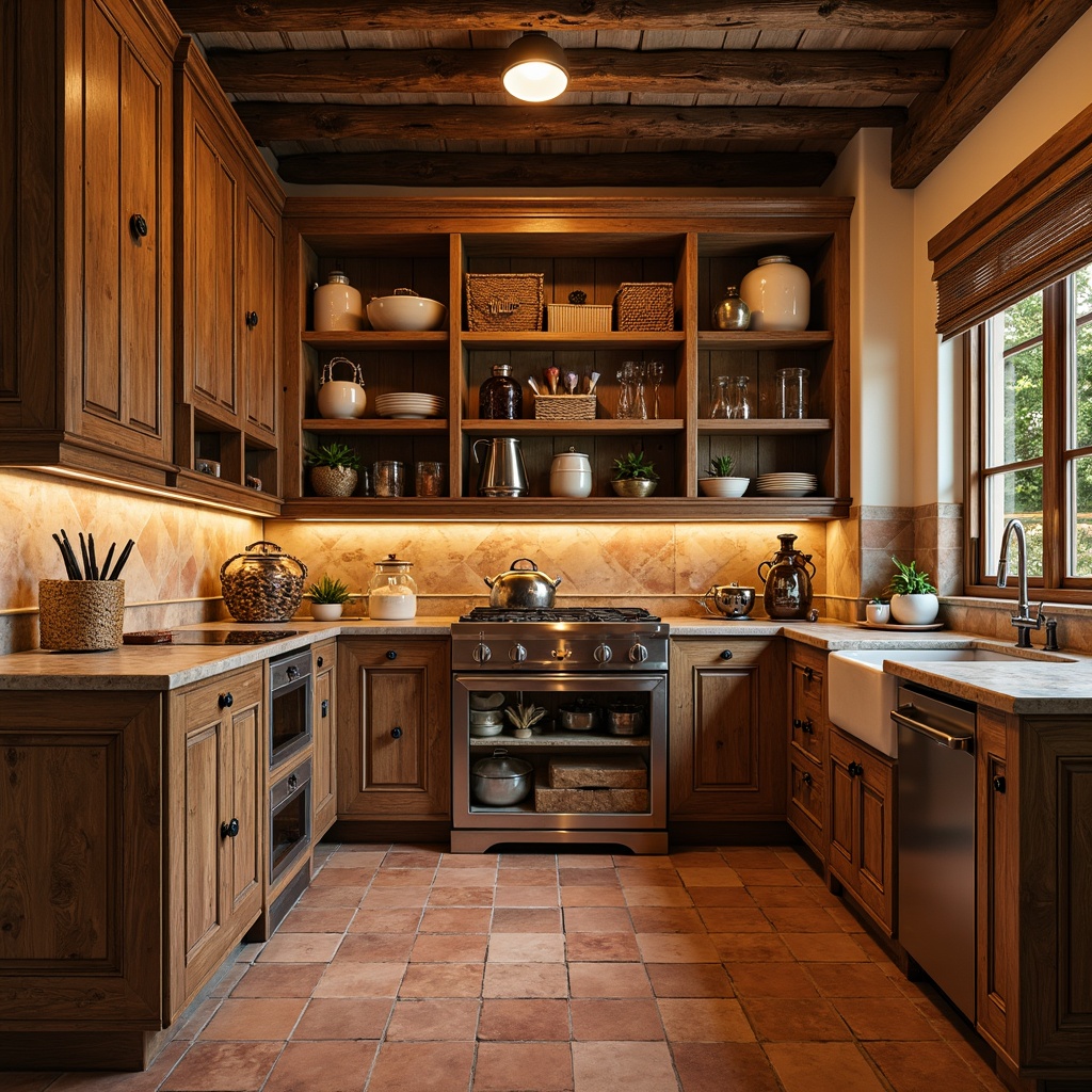 Prompt: Warm Mediterranean pantry, terra cotta tiles, rustic wooden shelves, woven baskets, ceramic jars, copper accents, earthy color palette, natural stone countertops, distressed wood cabinets, ornate metal hardware, vintage kitchen utensils, soft warm lighting, cozy ambiance, abundant storage space, practical layout, 3/4 composition, inviting atmosphere.