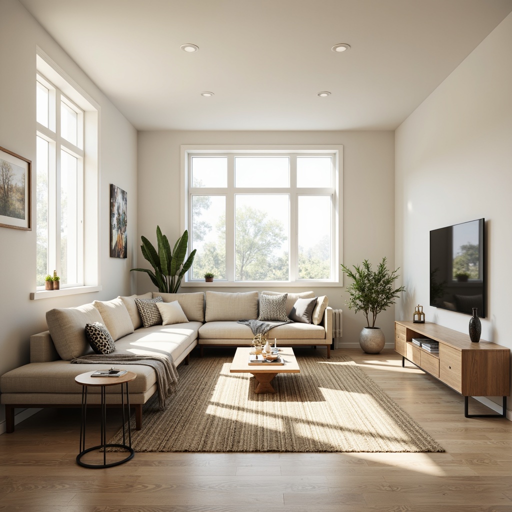 Prompt: Minimalist living room, low-profile sofa, sleek coffee table, industrial metal chairs, sparse decor, natural fiber rugs, creamy white walls, large windows, abundant natural light, subtle shadows, soft ambient glow, 1/1 composition, shallow depth of field, realistic textures, ambient occlusion, clean lines, simple shapes, monochromatic color scheme, functional storage units, hidden TV mounts, recessed lighting, airy atmosphere.