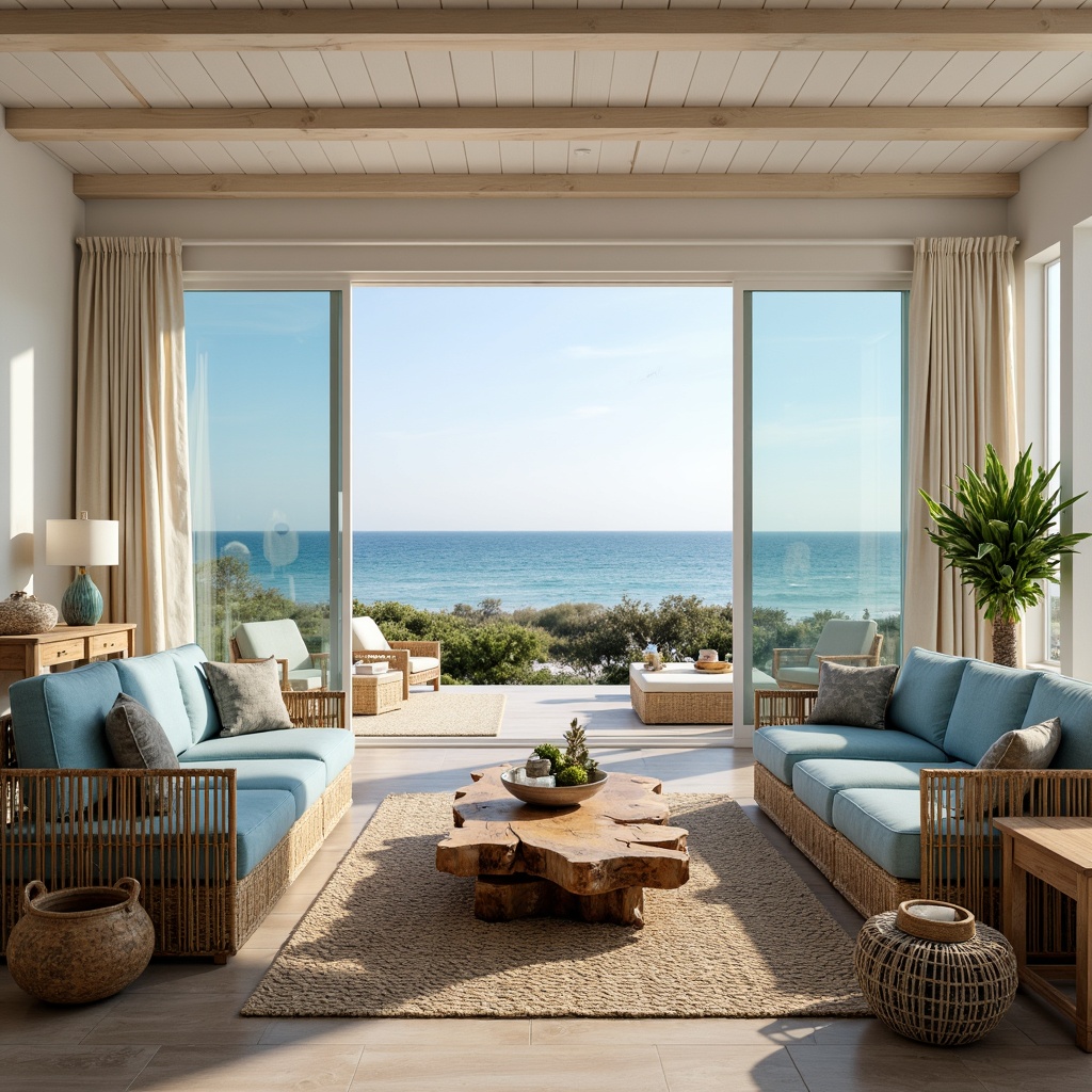 Prompt: Coastal living room, natural woven furniture, comfortable cushions, soft blue upholstery, driftwood coffee table, jute rug, sea-inspired decorative accents, nautical rope details, ocean-view windows, sliding glass doors, beachy vibe, relaxed atmosphere, warm sunny day, soft gentle lighting, 3/4 composition, realistic textures, ambient occlusion.