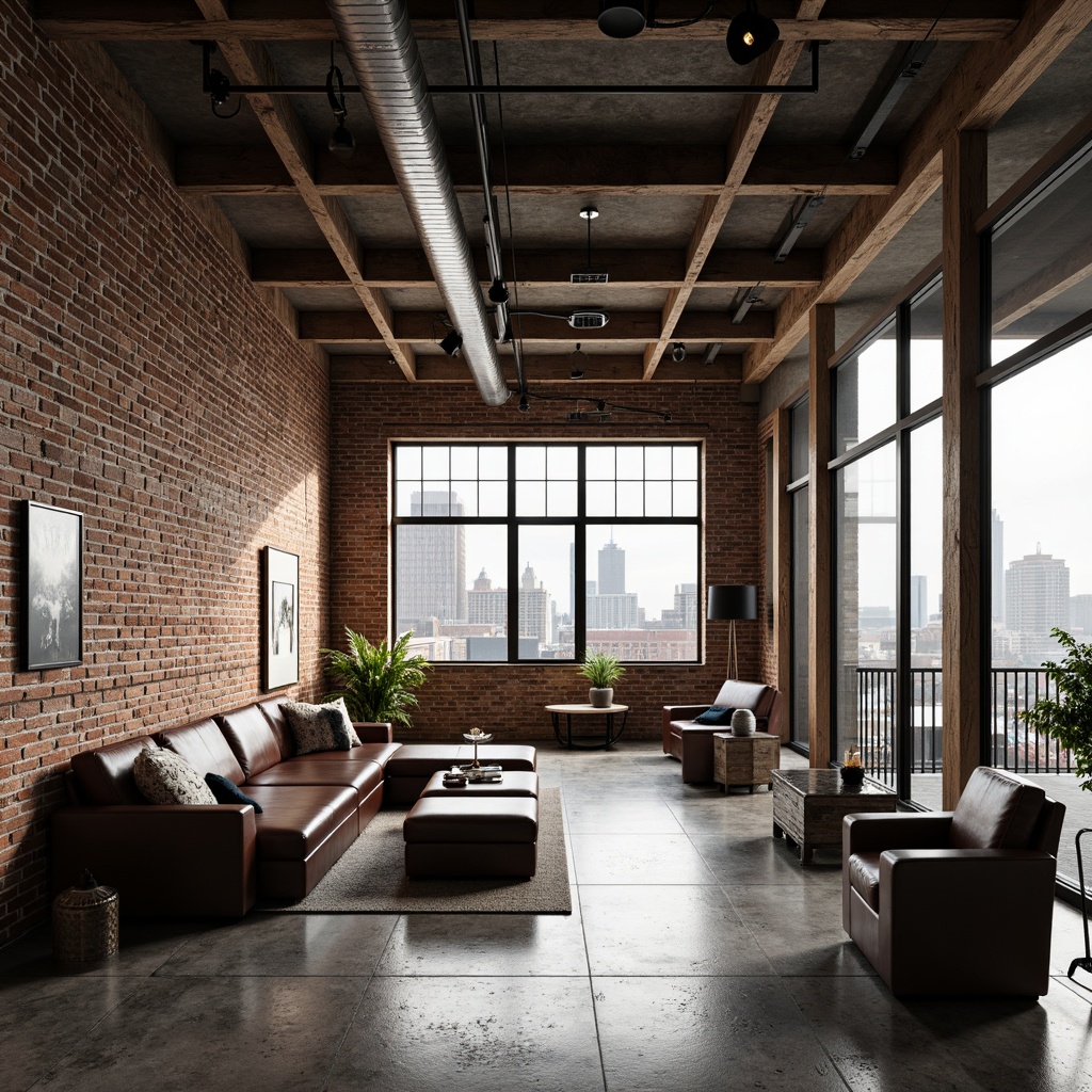 Prompt: Exposed brick walls, industrial metal beams, reclaimed wood accents, urban cityscape views, neutral tones, weathered steel surfaces, distressed concrete floors, modern minimalist decor, functional lighting fixtures, sleek leather furnishings, metallic color accents, urban loft atmosphere, gritty textures, dramatic shadows, high contrast lighting, 2/3 composition, realistic renderings, ambient occlusion.