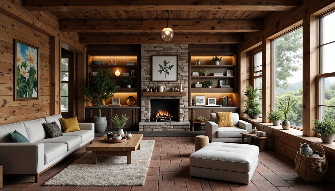 Prompt: Rustic farmhouse, vintage decor, distressed wood accents, natural stone walls, earthy color palette, floral patterns, stripes and plaids mixing, eclectic furniture pieces, antique artifacts, modern industrial lighting, reclaimed wooden beams, brick floors, cozy reading nooks, plush throw blankets, warm candlelight, soft focus, shallow depth of field, 1/1 composition, inviting atmosphere, realistic textures, ambient occlusion.