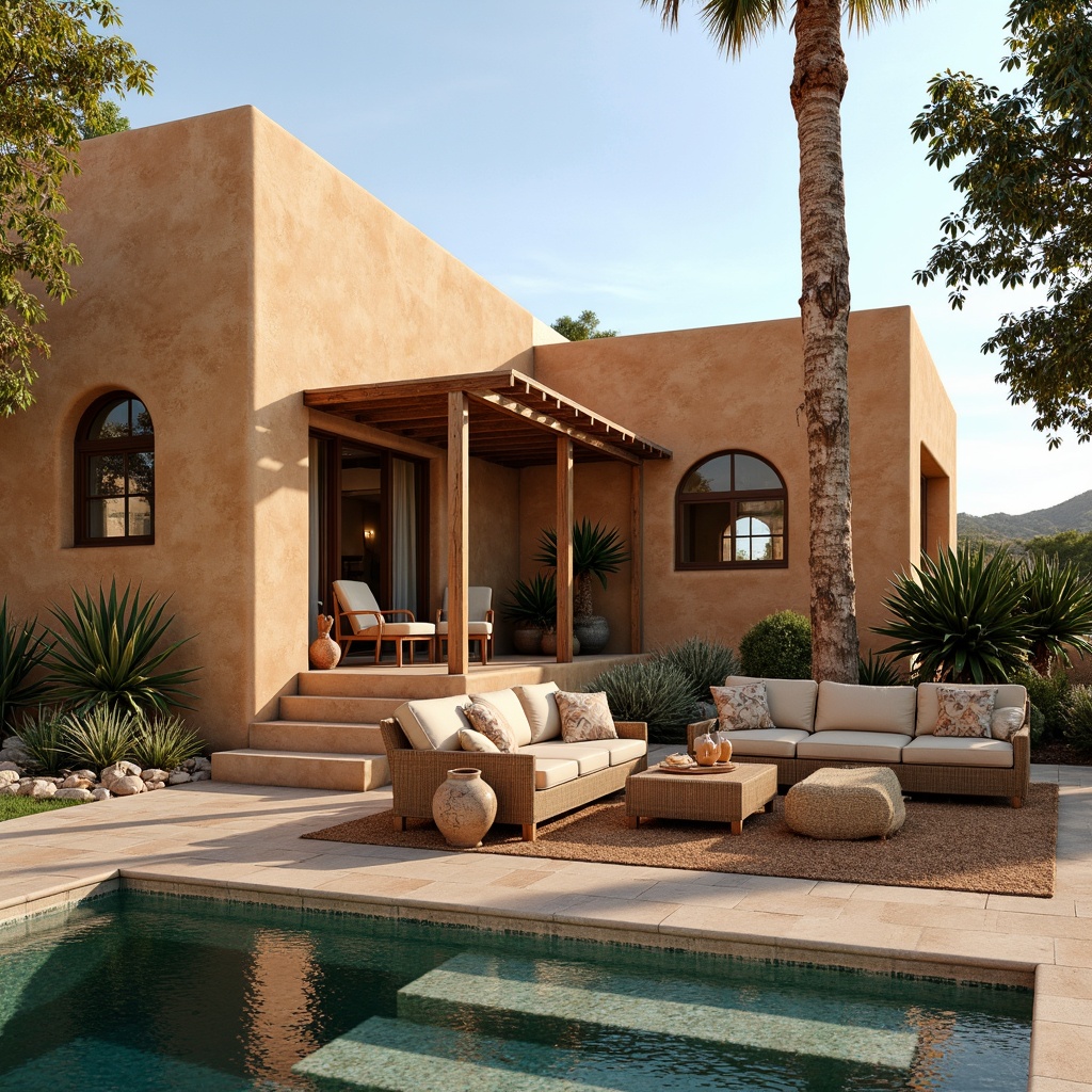 Prompt: Earth-toned villa, warm beige stucco, rustic wooden accents, vibrant turquoise tiles, desert-inspired landscaping, cacti and succulents, terracotta pots, natural stone pathways, arched windows, clay roof tiles, southwestern patterned textiles, woven rattan furniture, warm golden lighting, shallow depth of field, 1/1 composition, panoramic view, realistic textures, ambient occlusion.