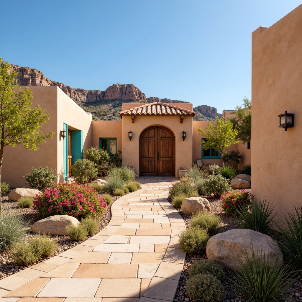 Prompt: Southwestern villa, warm earthy tones, sandy beige walls, turquoise accents, rustic wooden doors, terracotta roof tiles, vibrant cactus flowers, desert landscape, clear blue sky, warm sunny day, soft gentle lighting, 3/4 composition, panoramic view, natural stone walkways, adobe-inspired architecture, curved lines, ornate metalwork, colorful textiles, geometric patterns, earthy scents.