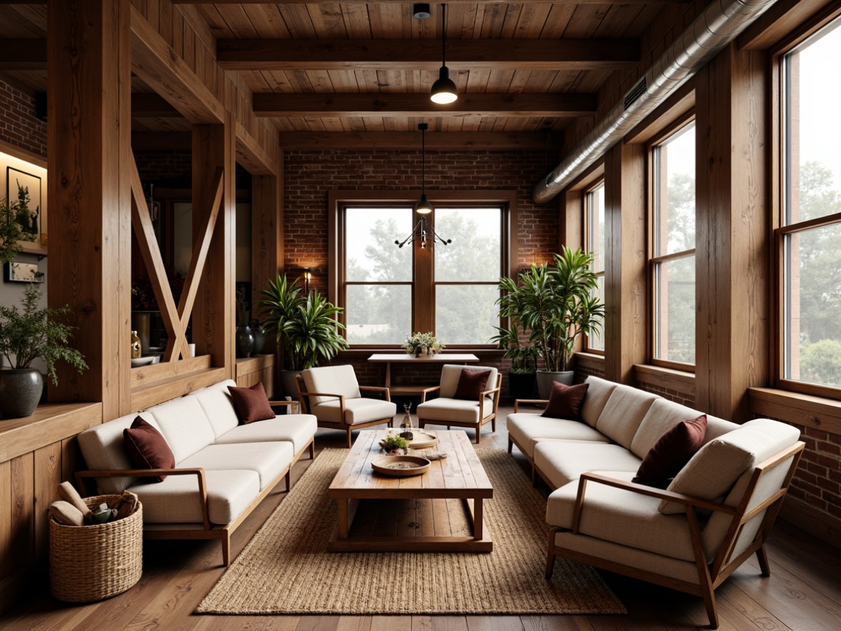 Prompt: Cozy community center, rustic wooden accents, warm earthy tones, plush couches, vintage armchairs, woven baskets, natural fiber rugs, reclaimed wood coffee tables, industrial metal lighting, exposed brick walls, large windows, soft warm lighting, 1/1 composition, realistic textures, ambient occlusion.