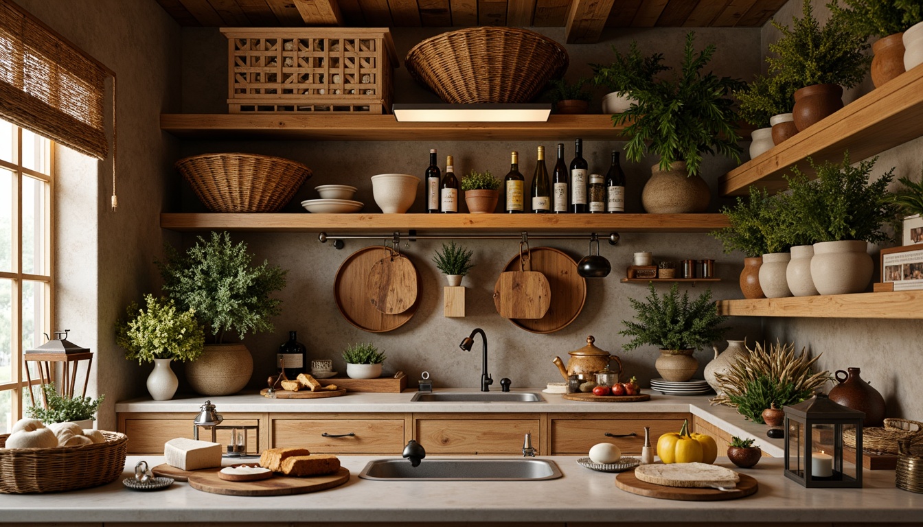 Prompt: Cozy Mediterranean pantry, warm earthy tones, rustic wooden shelves, woven baskets, ceramic jugs, olive oil bottles, bunches of fresh herbs, fragrant spices, artisanal cheese boards, woven linens, natural stone countertops, distressed metal lanterns, soft warm lighting, shallow depth of field, 3/4 composition, intimate atmosphere, realistic textures.