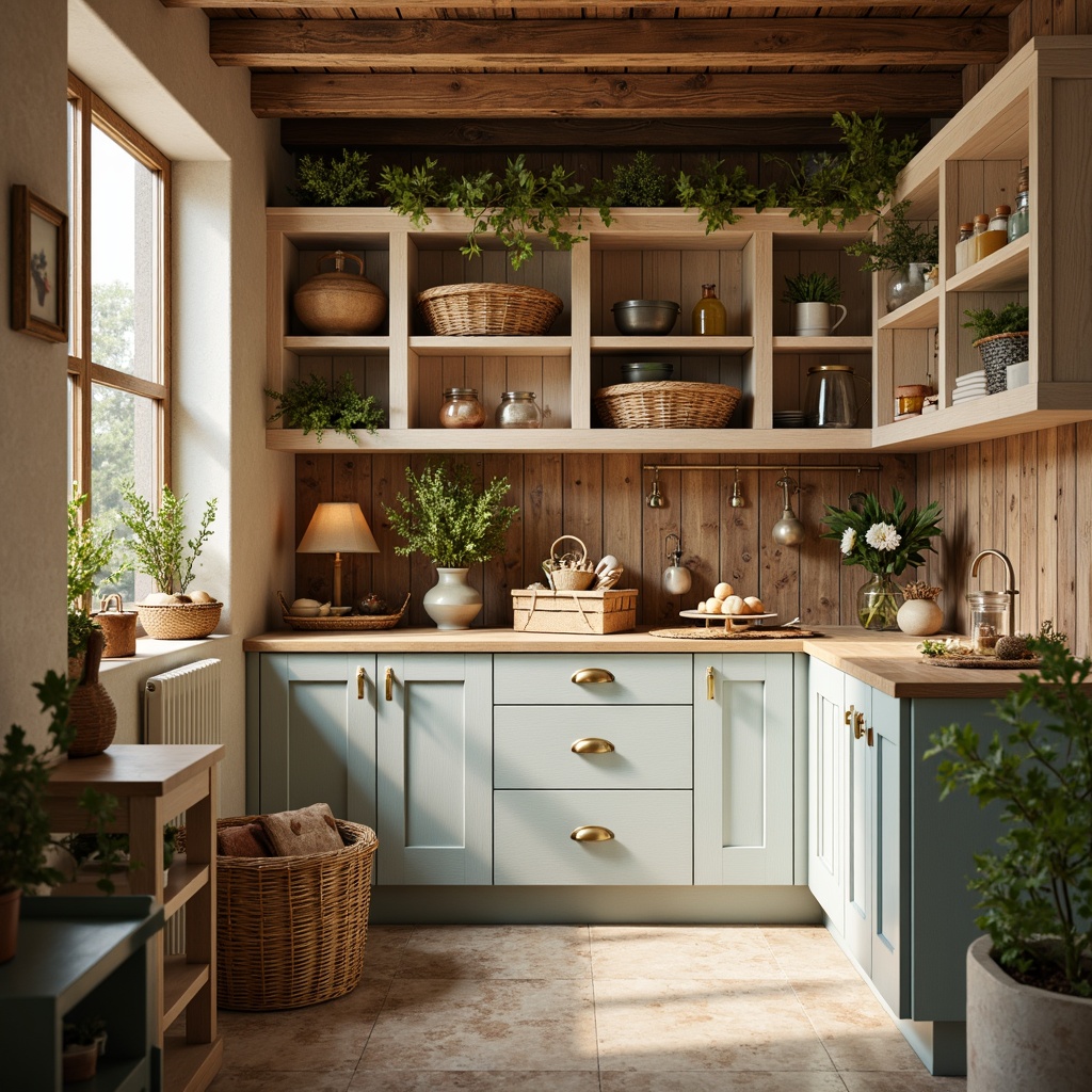 Prompt: Cozy pantry, warm golden lighting, rich wood tones, creamy white cabinets, soft blue-gray countertops, rustic metal hardware, vintage-inspired decor, woven wicker baskets, earthy terracotta pots, lush greenery, natural stone flooring, modern farmhouse style, distressed wooden shelves, elegant glass jars, soft pastel colors, 1/2 composition, shallow depth of field, realistic textures, ambient occlusion.