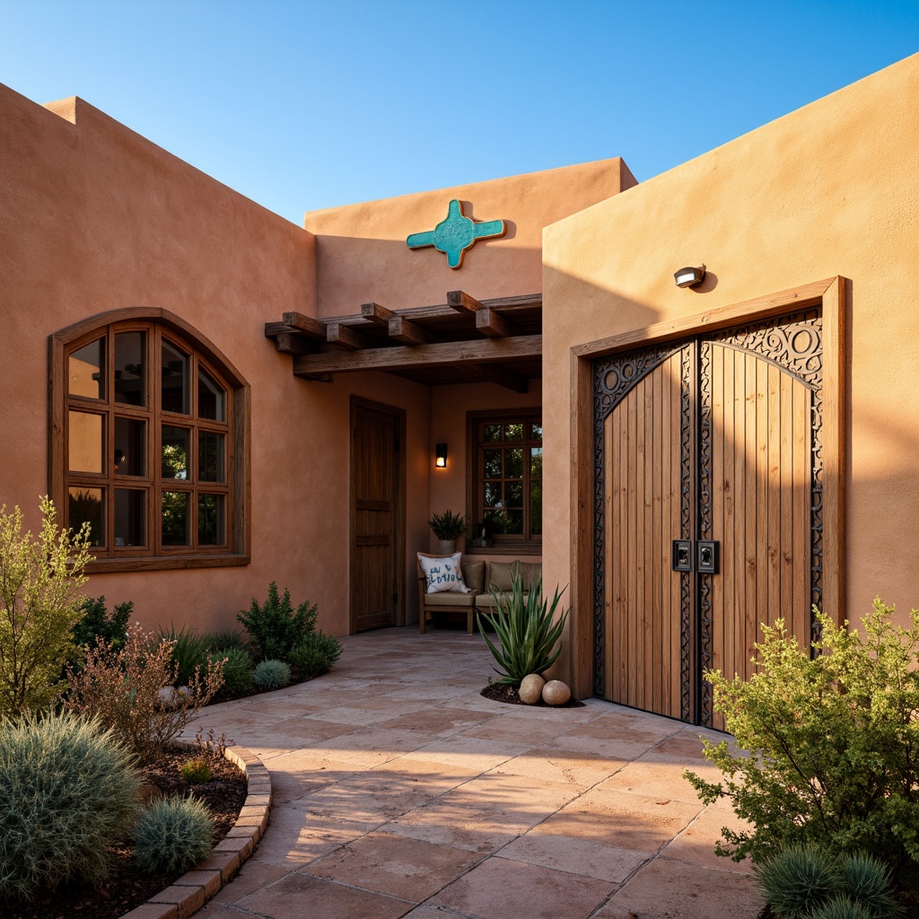 Prompt: Adobe earth-toned stucco walls, rustic wooden doors, wrought iron accents, ornate tile work, vibrant turquoise decorative elements, geometric patterns, arched windows, curved lines, natural stone flooring, rough-hewn wood beams, warm golden lighting, cozy intimate spaces, Spanish-inspired architecture, desert landscaping, cacti and succulents, sandy terrain, clear blue skies, shallow depth of field, 3/4 composition, panoramic view, realistic textures, ambient occlusion.