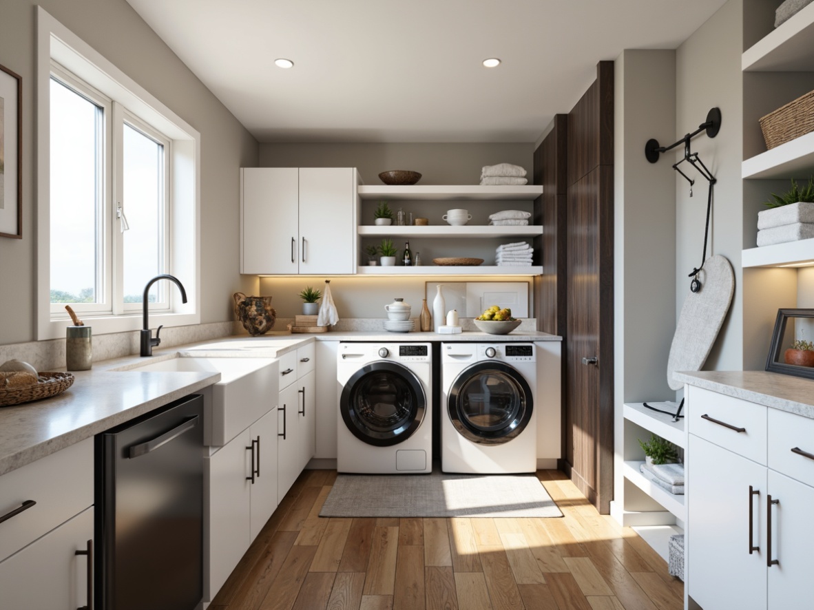 Prompt: Modern laundry room, sleek cabinets, high-gloss finishes, stainless steel hardware, soft-close drawers, built-in washers, dryers, fold-down ironing boards, built-up shelving, decorative lighting, marble countertops, hardwood flooring, minimalist decor, ample storage, efficient workflow, bright natural light, airy feel, 1/1 composition, shallow depth of field, realistic textures.