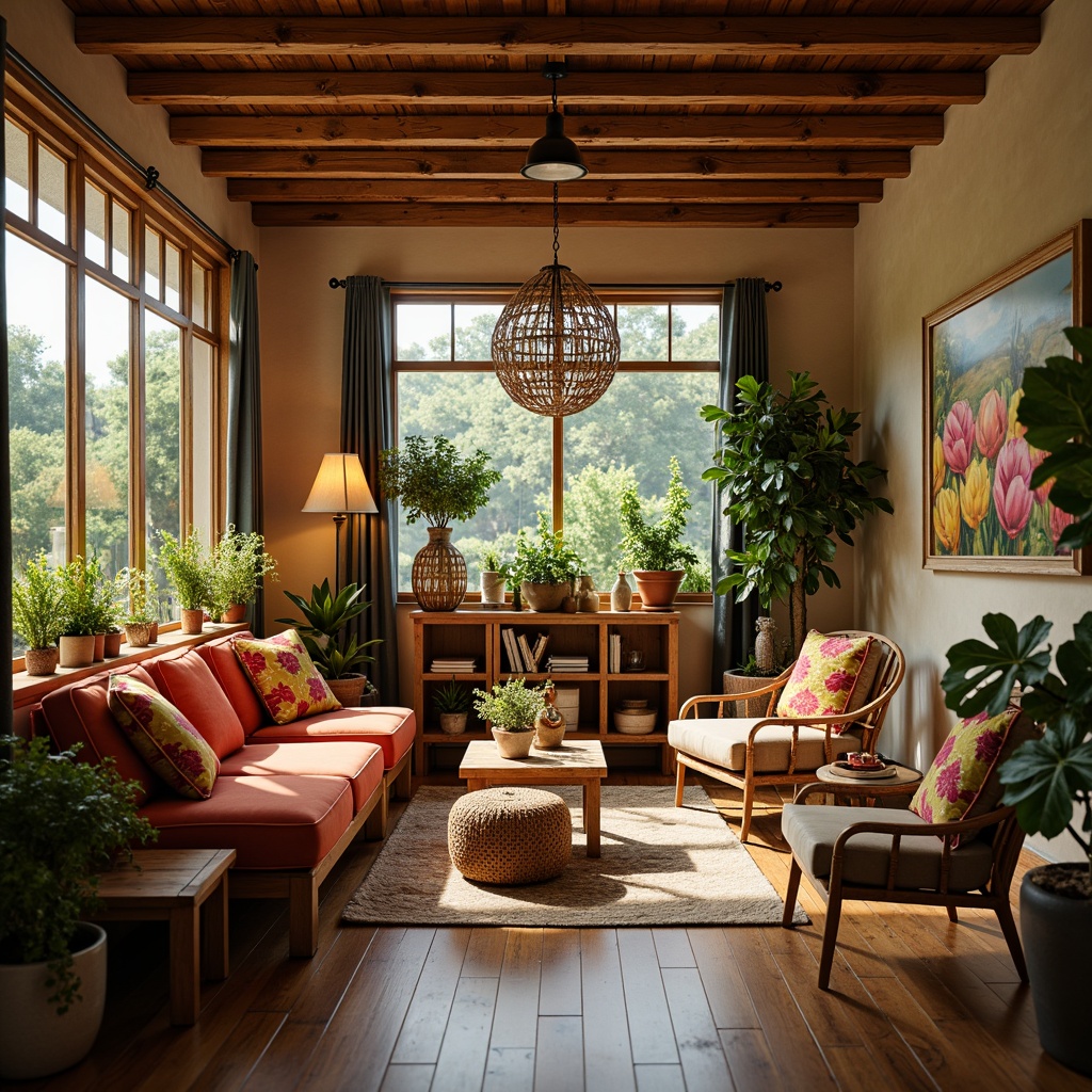 Prompt: Cozy community center, warm earthy tones, natural wood accents, plush sofas, vibrant colorful throw pillows, rustic wooden tables, woven wicker chairs, eclectic artwork, vintage decorative items, abundant greenery, soft warm lighting, shallow depth of field, 3/4 composition, realistic textures, ambient occlusion.