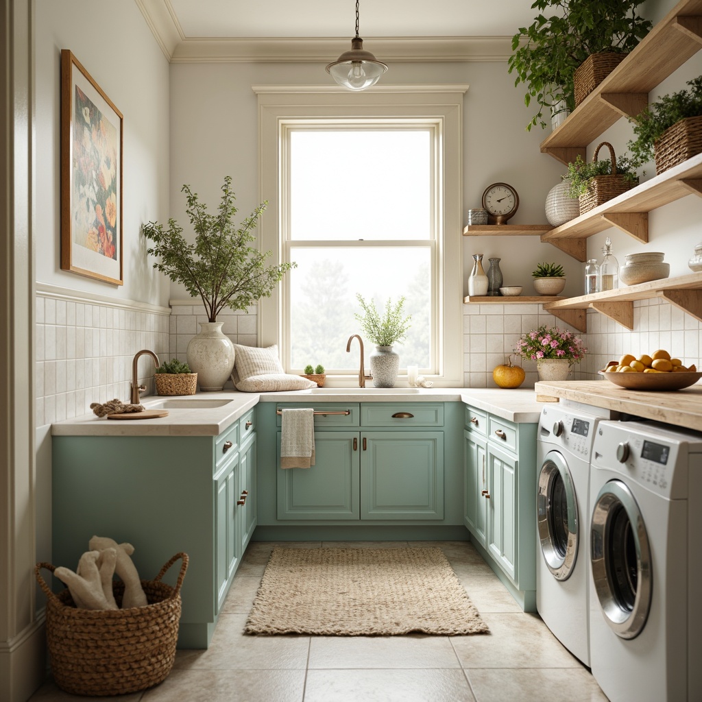 Prompt: Vibrant laundry room, soft pastel colors, calming whites, creamy beiges, pale blues, warm yellows, rustic wooden accents, vintage metal decorations, elegant ceramic tiles, modern appliances, sleek countertops, natural stone flooring, abundant natural light, airy atmosphere, refreshing citrus scent, shallow depth of field, 1/1 composition, realistic textures, ambient occlusion.