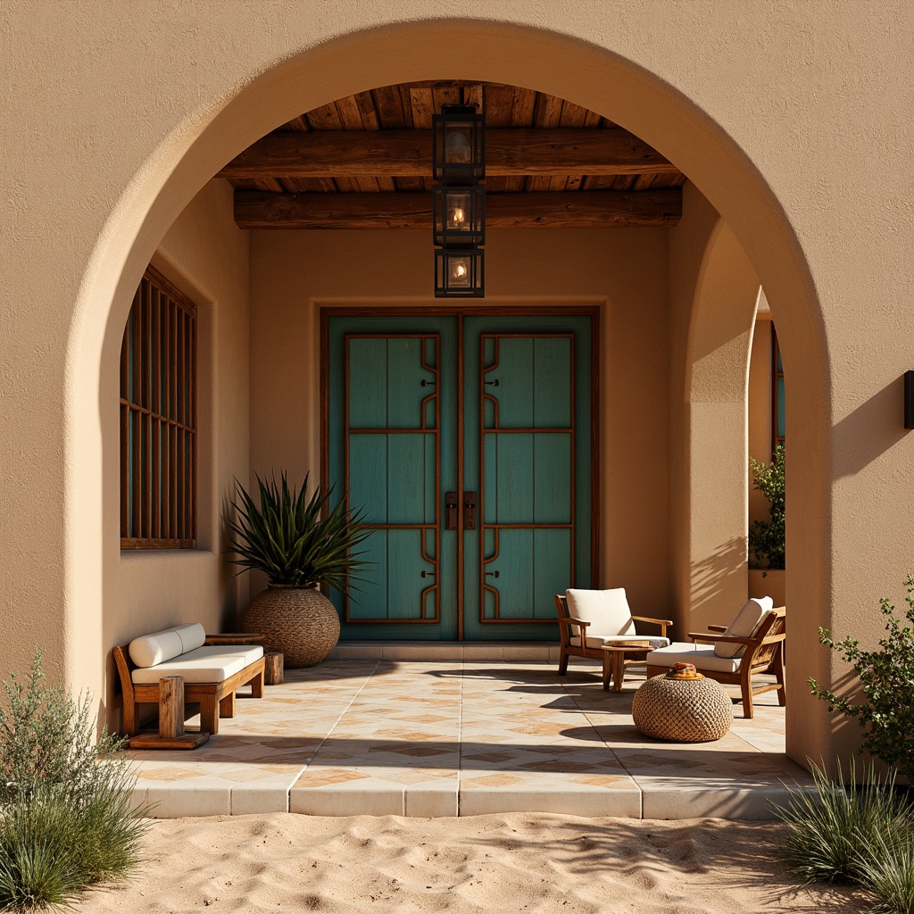 Prompt: Adobe earth-toned stucco walls, rustic wooden doors, ornate metal gates, vibrant turquoise accents, geometric patterned tiles, curved Spanish-style arches, wooden ceiling beams, natural fiber textiles, woven basket furniture, desert landscaping, cacti plants, sandy pathways, warm golden lighting, shallow depth of field, 1/1 composition, realistic textures, ambient occlusion.