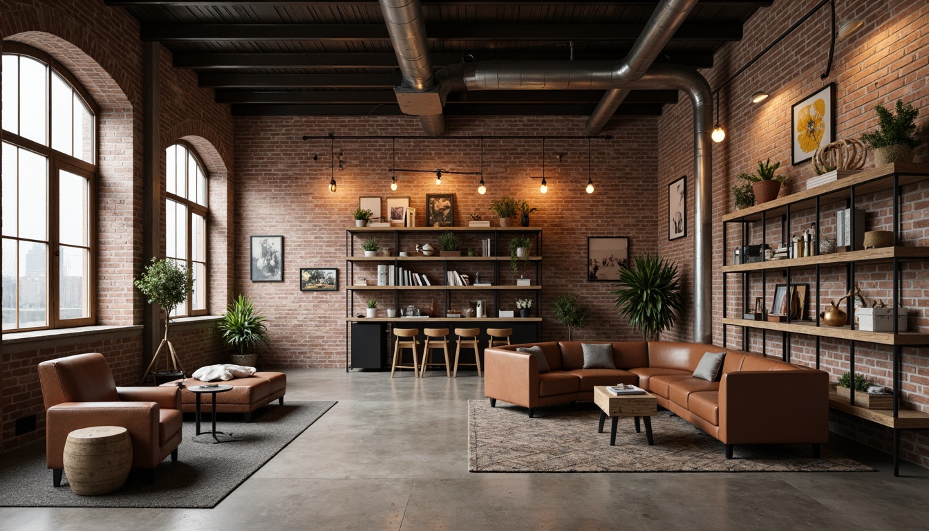 Prompt: Rustic industrial setting, reclaimed wood furniture, metal accents, exposed brick walls, concrete floors, distressed finishes, urban loft atmosphere, minimalist decor, functional simplicity, industrial chic lighting, metal beam ceiling, vintage factory elements, earthy color palette, worn leather upholstery, steel frame chairs, wooden crate coffee tables, metal pipe shelving, Edison bulb fixtures, low-key ambient lighting, 1/1 composition, shallow depth of field, realistic textures.