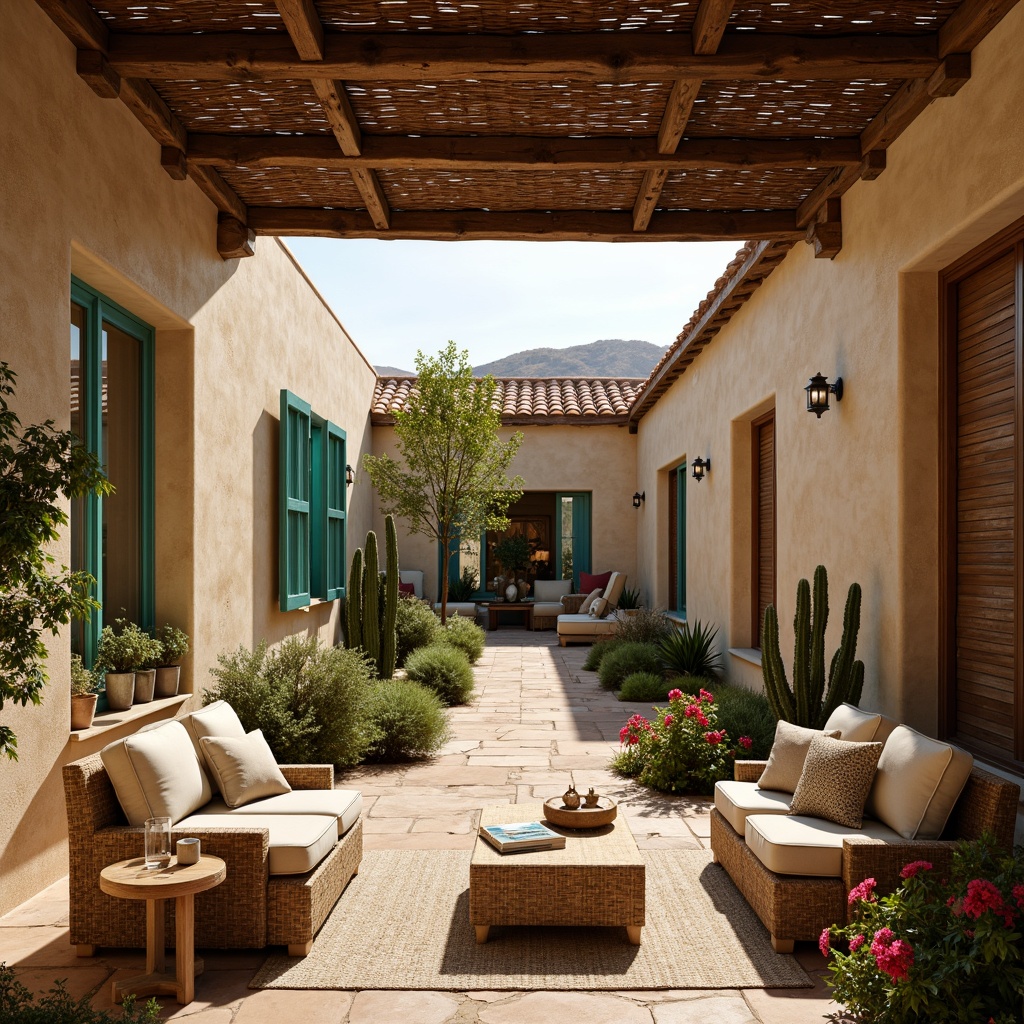 Prompt: Earthy tone villa, stucco exterior, warm beige walls, terracotta roof tiles, turquoise accents, sandy stone pathways, lush green cacti, vibrant bougainvillea flowers, wooden beam ceilings, rustic wood furniture, woven rattan textures, natural fiber rugs, distressed leather upholstery, earthy ceramics, warm candlelighting, soft afternoon sunbeams, shallow depth of field, 1/2 composition, panoramic view, realistic stone textures, ambient occlusion.