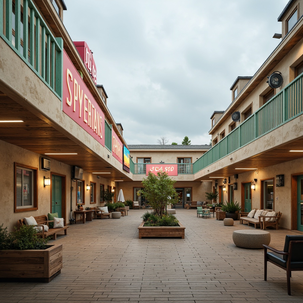 Prompt: Coastal cinema complex, ocean-inspired architecture, wave-like rooftops, driftwood accents, sandy beige walls, seafoam green railings, coral pink signage, nautical-themed decorations, rustic wooden floors, distressed metal doors, vintage maritime artifacts, soft warm lighting, shallow depth of field, 3/4 composition, cinematic color grading, pastel hues, misty atmospheric effects, realistic textures, ambient occlusion.