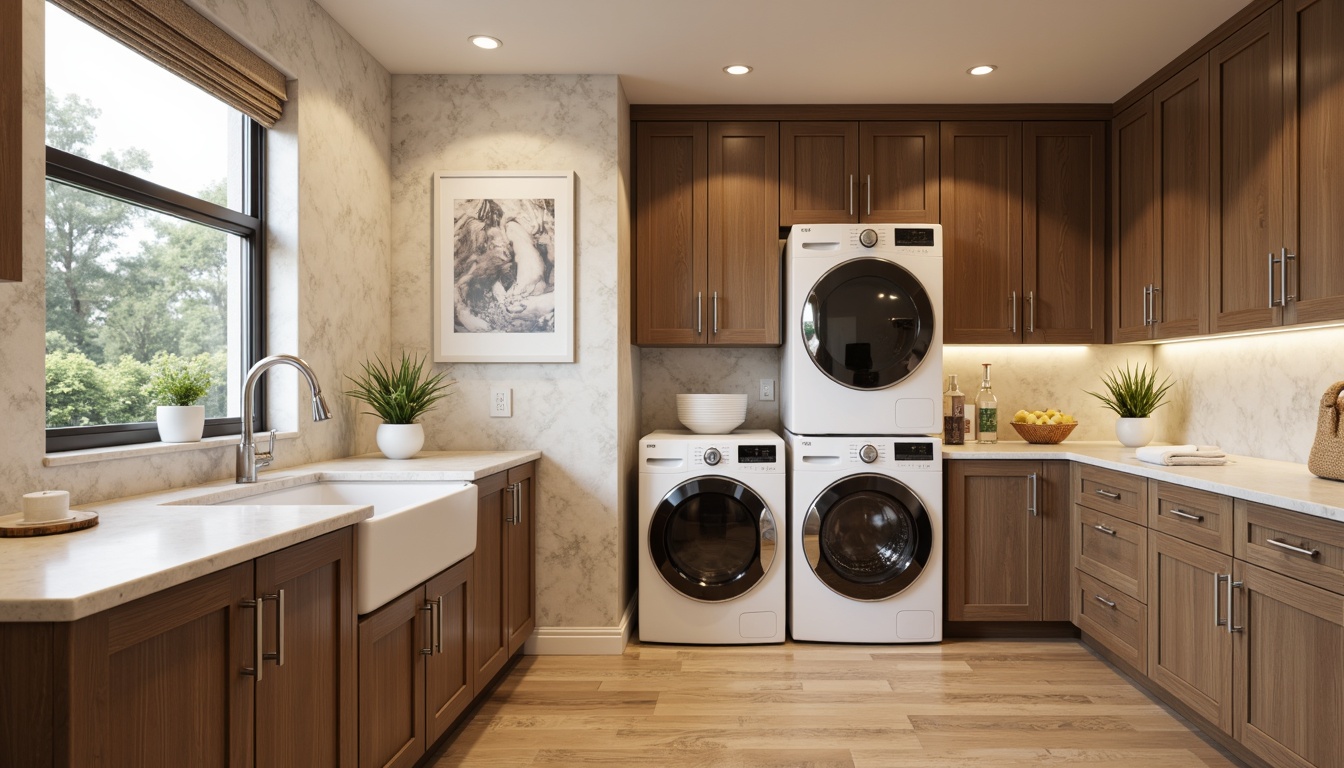 Prompt: Luxurious laundry room, stylish cabinets with ornate handles, soft-close drawers, high-gloss finishes, marble countertops, modern farmhouse sink, chrome faucet, pendant lighting, warm beige walls, polished wood floors, minimalist decor, natural stone accents, ample storage space, stackable washer and dryer, sleek appliances, contemporary color scheme, 1/1 composition, shallow depth of field, softbox lighting.