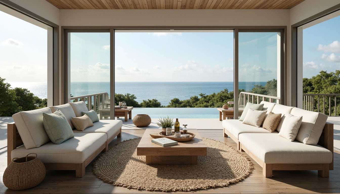 Prompt: Coastal-themed living room, comfortable sectional sofas, natural linen upholstery, driftwood coffee tables, woven jute rugs, sea-inspired accent pillows, calming blue-green color palette, large windows with ocean views, sliding glass doors, beachy textures, soft warm lighting, shallow depth of field, 3/4 composition, panoramic view, realistic renderings, ambient occlusion.