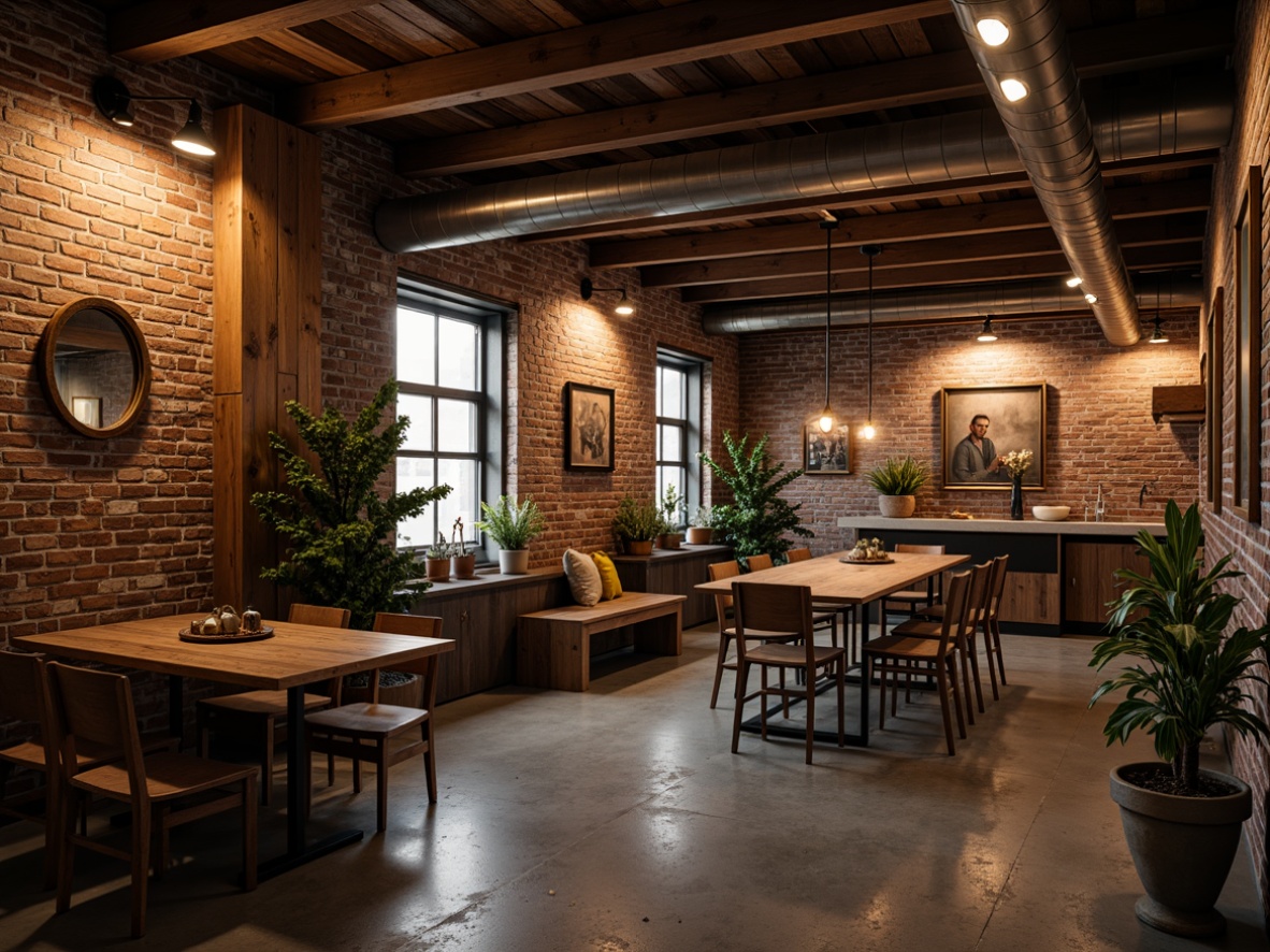 Prompt: Exposed brick walls, industrial pipes, metal beams, reclaimed wood accents, vintage factory lights, Edison bulbs, metal shades, dimmable spotlights, warm cozy ambiance, rustic decor, urban loft setting, concrete floors, distressed finishes, modern minimalist furniture, metallic color scheme, dramatic shadows, high contrast lighting, atmospheric glow, cinematic mood.