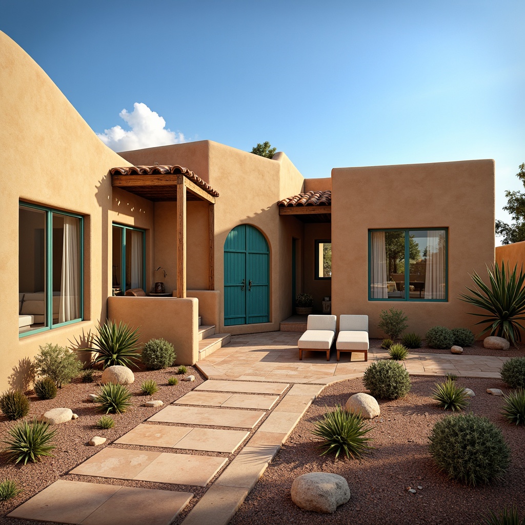 Prompt: Earth-toned villa, southwestern style, stucco exterior, arched windows, clay roof tiles, rustic wooden doors, vibrant turquoise accents, warm beige walls, terracotta flooring, natural stone pathways, desert landscape, cacti plants, sunny day, clear blue sky, soft warm lighting, shallow depth of field, 3/4 composition, panoramic view, realistic textures, ambient occlusion.