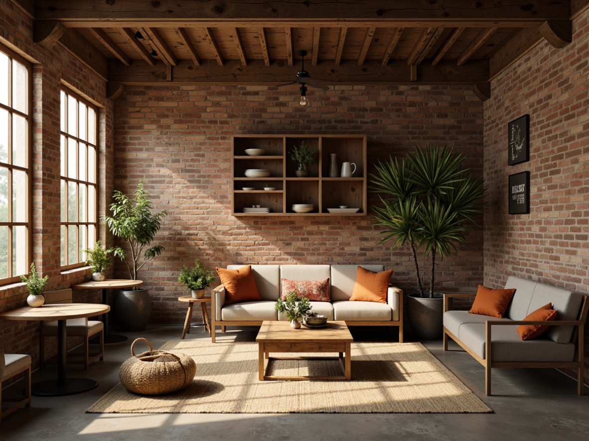 Prompt: Cozy coffee shop, rustic wooden tables, vintage metal chairs, worn brick walls, exposed concrete floors, soft plush couches, natural fiber rugs, woven baskets, reclaimed wood accents, earthy tone color palette, warm golden lighting, shallow depth of field, 1/1 composition, realistic textures, ambient occlusion.