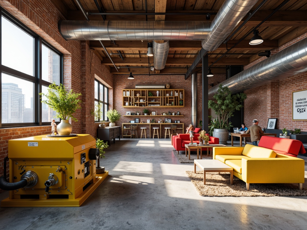 Prompt: Vibrant industrial interior, exposed brick walls, polished concrete floors, metallic accents, bright pops of color, bold yellow machinery, sleek silver pipes, rich wood textures, reclaimed wooden crates, industrial chic lighting, suspended metal shelves, eclectic artwork, urban loft atmosphere, natural light pouring in, shallow depth of field, 1/1 composition, realistic renderings.