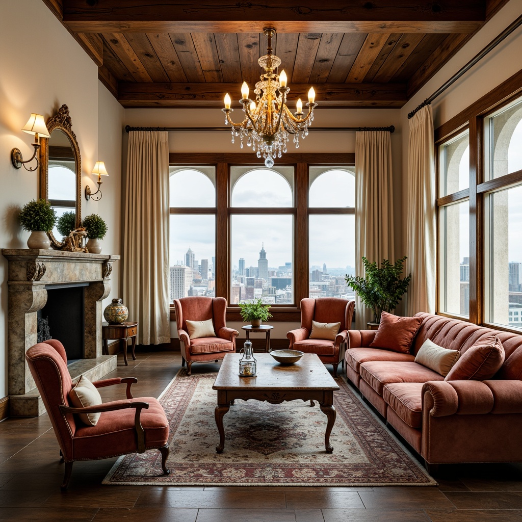 Prompt: Luxurious penthouse, French country style, ornate wooden furniture, plush velvet sofas, distressed leather armchairs, antique oak coffee tables, crystal chandeliers, soft cream-colored walls, rustic stone fireplaces, large windows with city views, elegant drapery, rich tapestries, vintage decorative accessories, refined gold accents, sophisticated ambient lighting, 1/1 composition, shallow depth of field, warm color palette.