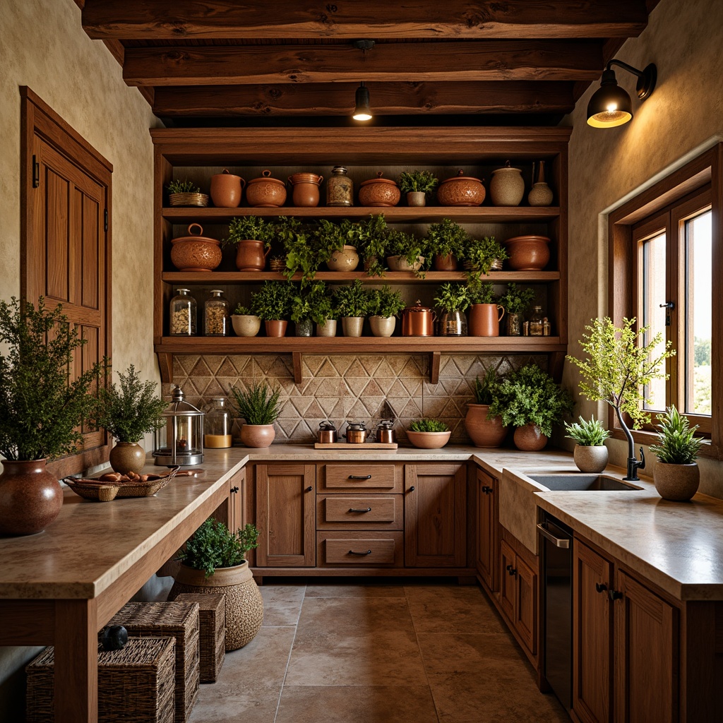 Prompt: Warm Mediterranean pantry, rustic wooden shelves, ceramic tile backsplash, earthy terracotta pots, vibrant olive greenery, aromatic herbs, exotic spices, gleaming copper accents, ornate metal lanterns, soft warm lighting, shallow depth of field, 1/2 composition, realistic textures, ambient occlusion, cozy intimate atmosphere, natural stone countertops, woven wicker baskets, distressed wooden furniture, decorative vintage utensils.