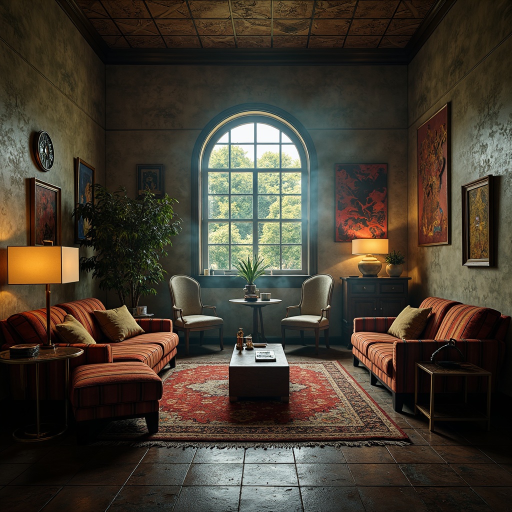 Prompt: Dramatic interior scenes, bold color schemes, intense shadows, vivid textures, ornate decorations, eclectic furniture, distressed walls, atmospheric mist, warm golden lighting, cool blue undertones, high contrast ratios, chiaroscuro effects, low-key illumination, mysterious ambiance, abstract shapes, expressive brushstrokes, avant-garde styling, luxurious fabrics, rich patterns, intimate settings, 1/2 composition, cinematic framing, realistic rendering.