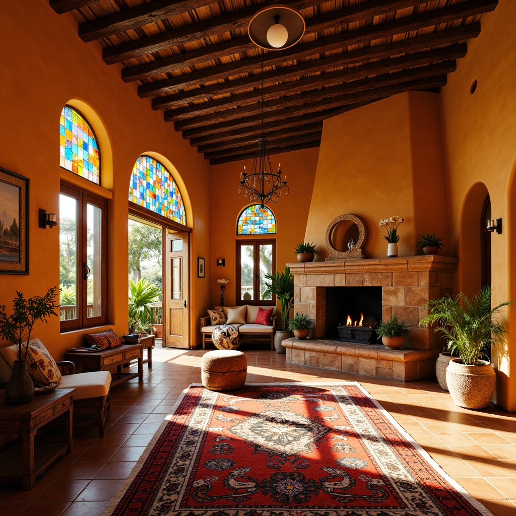 Prompt: Vibrant villa interior, southwestern style decor, stained glass windows, colorful mosaic patterns, warm golden lighting, rustic wooden beams, earthy terracotta floors, plush area rugs, cozy seating areas, ornate metalwork, distressed leather furniture, natural stone fireplaces, woven textiles, geometric patterned tiles, arched doorways, soft warm ambiance, shallow depth of field, 1/1 composition, realistic textures, ambient occlusion.