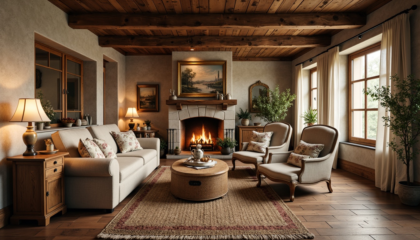 Prompt: Rustic French country cottage, distressed wood accents, natural linen fabrics, soft cotton lace, vintage floral patterns, earthy tone stripes, woven jute rugs, antique furniture, ornate metal hardware, candlelit ambiance, warm golden lighting, cozy throw blankets, plush velvet pillows, rich tapestry, toile de Jouy prints, subtle embroidery details, relaxed natural folds, organic texture, 3/4 composition, soft focus effect.