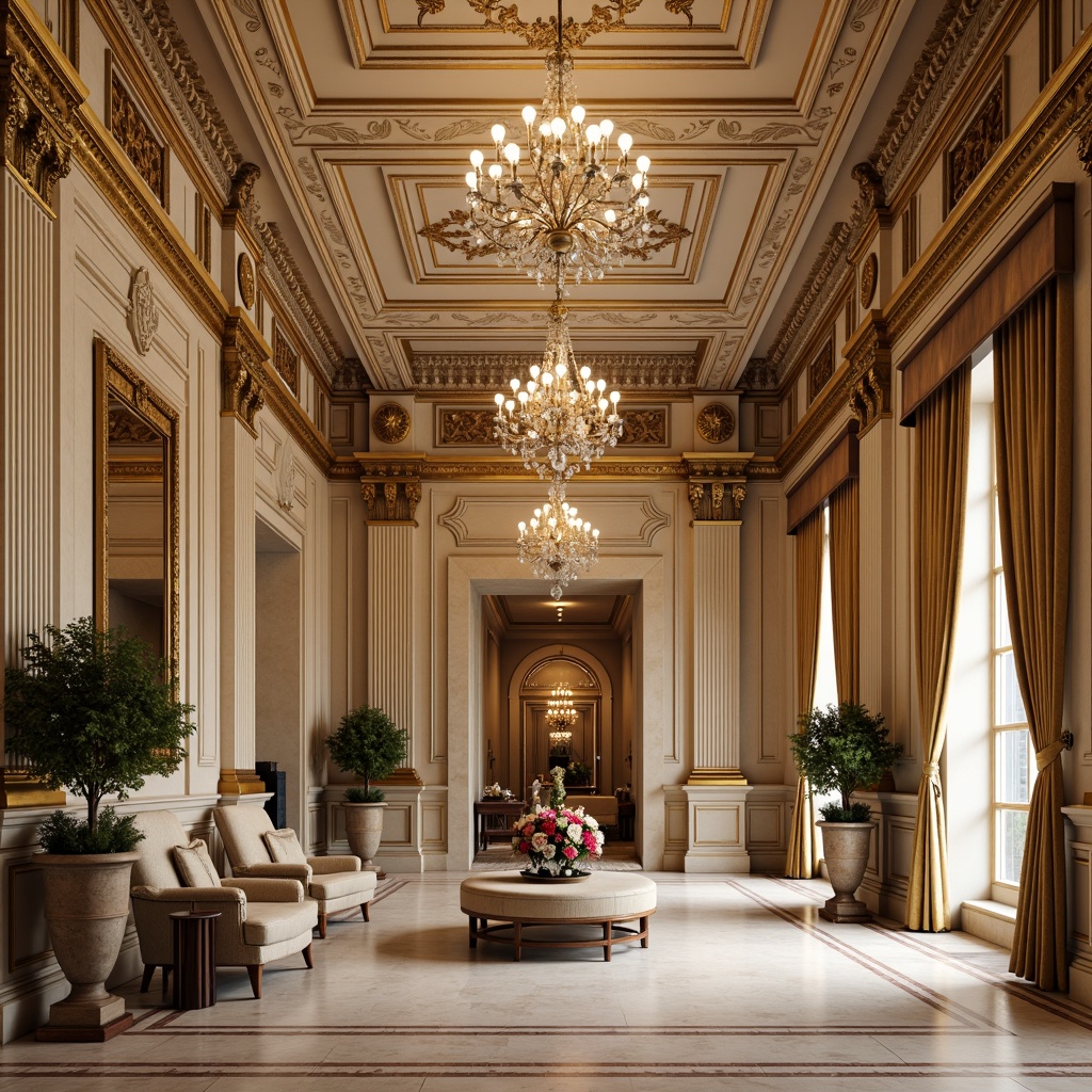 Prompt: Ornate neoclassical interior, richly decorated molding, intricate patterns, gilded details, high ceilings, grand chandeliers, marble flooring, velvet drapes, ornamental columns, carved wooden paneling, subtle lighting, warm beige tones, luxurious fabrics, elegant furnishings, refined architectural elements, symmetrical composition, shallow depth of field, 1/1 ratio, softbox lighting, realistic textures.