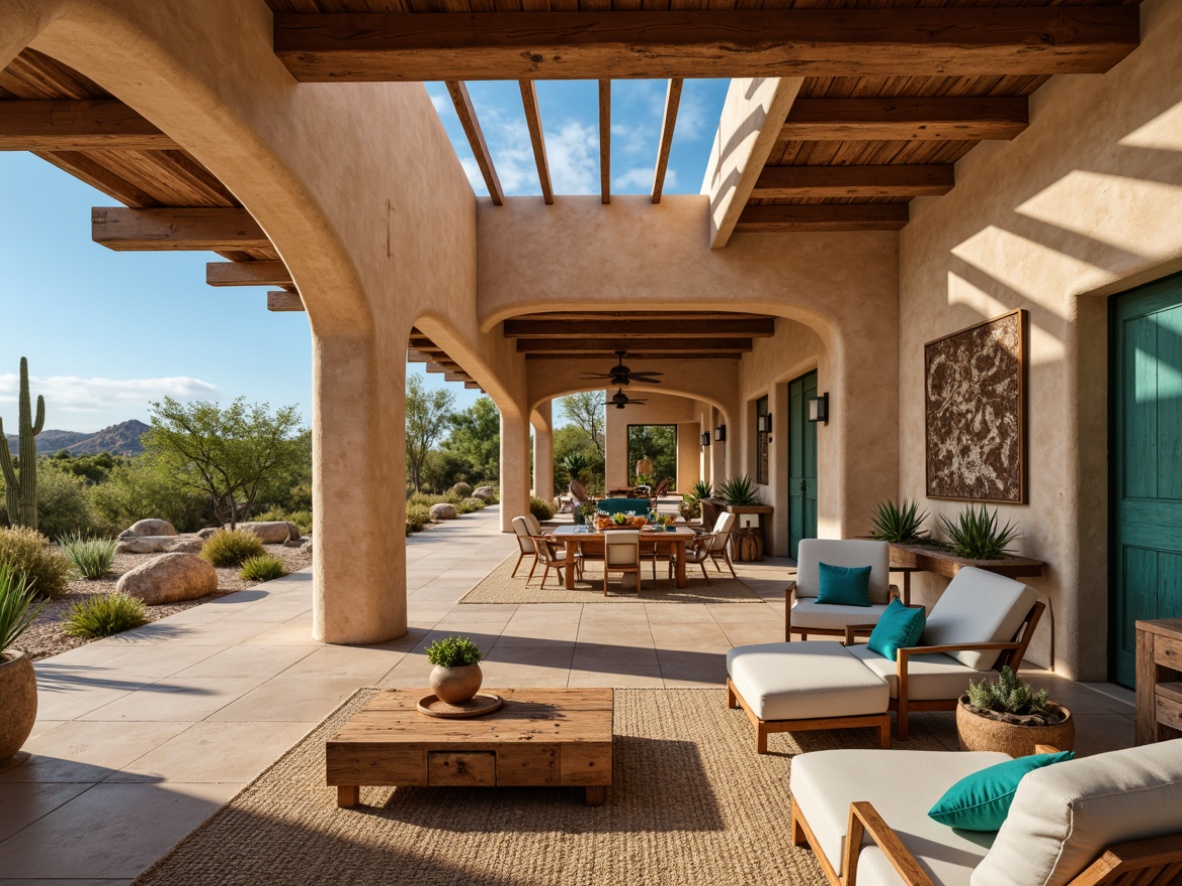 Prompt: Southwestern villa, earthy adobe walls, curved archways, wooden accents, vibrant turquoise accents, sprawling outdoor spaces, lush cacti gardens, warm beige stucco, clerestory windows, high ceilings, oversized skylights, transom windows, soft warm lighting, natural textiles, woven fibers, hand-carved wooden furniture, rustic metal fixtures, desert landscape views, clear blue skies, shallow depth of field, 3/4 composition, realistic textures, ambient occlusion.