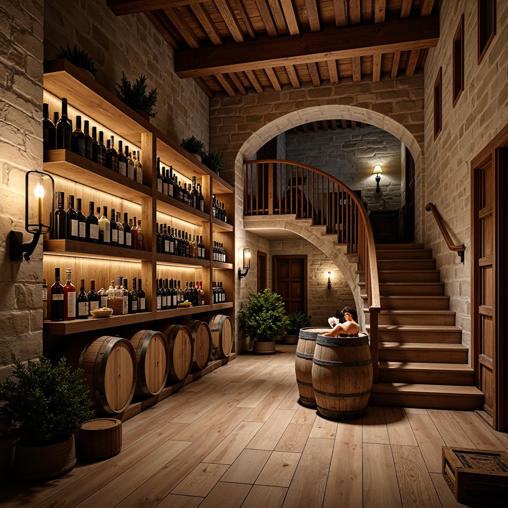 Prompt: Rustic wine cellar, reclaimed wood shelving, distressed metal brackets, earthy stone walls, dim warm lighting, wooden crates, vintage wine barrels, rustic metal lanterns, natural oak flooring, exposed brick arches, curved wooden stairs, wrought iron railings, ornate wooden doors, soft golden glow, shallow depth of field, 1/1 composition, realistic textures, ambient occlusion.Let me know if you need any adjustments!