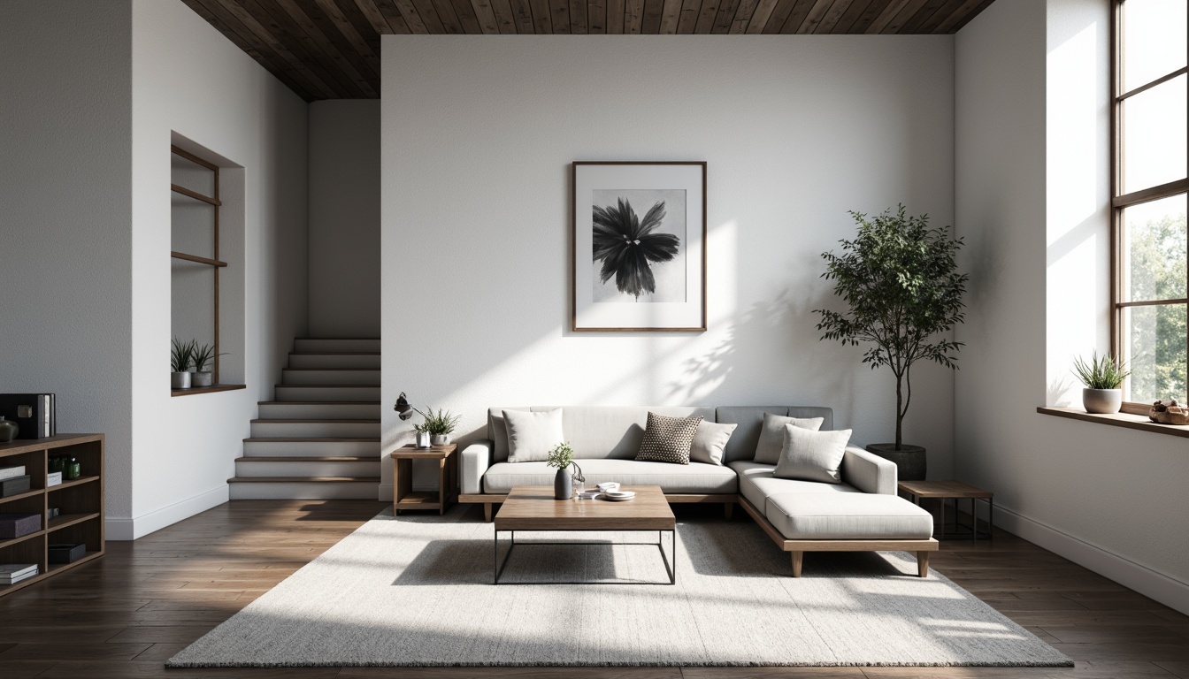 Prompt: Monochromatic interior space, minimalist decor, sleek low-profile furniture, compact storage solutions, airy open layout, natural light pouring, subtle textures, matte finishes, industrial-chic accents, geometric patterns, abstract artwork, calm atmosphere, soft warm lighting, shallow depth of field, 3/4 composition, panoramic view, realistic textures, ambient occlusion.