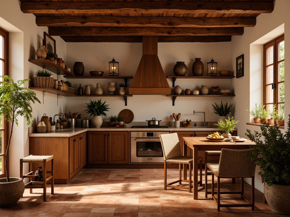 Prompt: Warm Mediterranean kitchen, earthy terracotta tiles, rustic wooden shelves, woven rattan baskets, aromatic spice jars, vibrant ceramic pottery, distressed metal lanterns, warm golden lighting, shallow depth of field, 1/1 composition, still life arrangement, realistic textures, ambient occlusion.