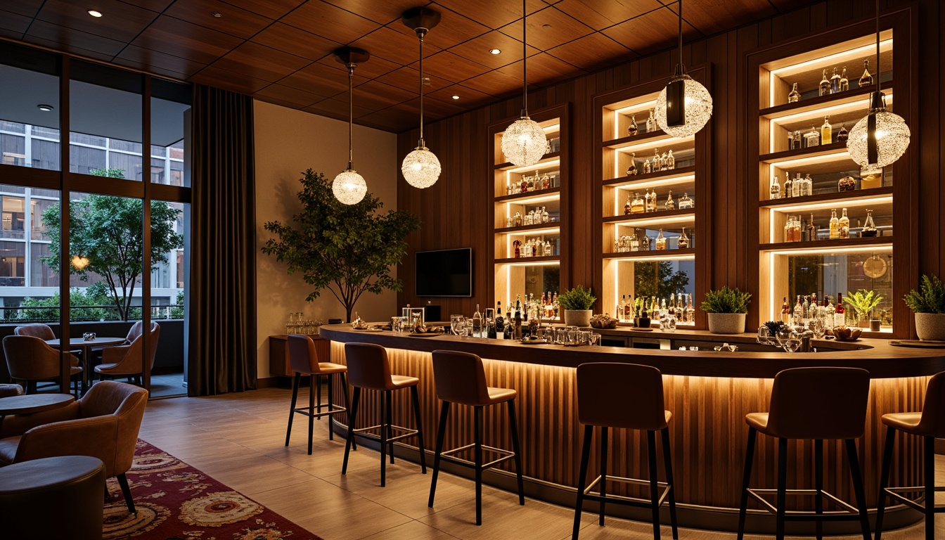 Prompt: Sophisticated home bar, rich wood accents, luxurious leather stools, gleaming metallic shelves, ambient warm lighting, soft LED strip lights, pendant lamps, crystal chandeliers, dimmable spotlights, floor-to-ceiling windows, natural daylight, cozy atmospheric mood, 1/1 composition, shallow depth of field, realistic textures, subtle reflections.