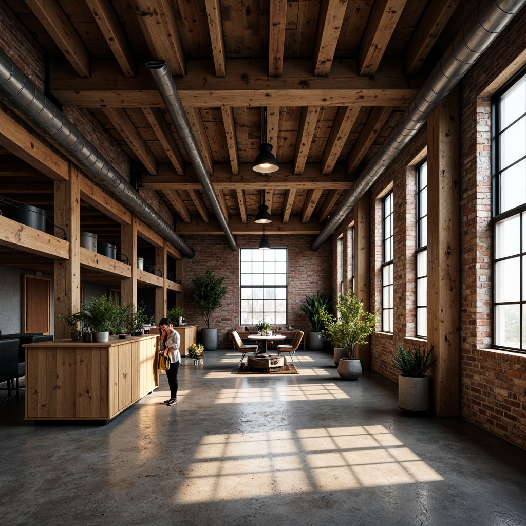 Prompt: Industrial chic loft, exposed beam ceiling, rough-hewn wooden planks, metal ductwork, concrete floors, reclaimed wood accents, urban decay, distressed finishes, minimalist decor, functional lighting, raw industrial textures, atmospheric shadows, cinematic composition, high contrast ratio, dramatic warm lighting, 1/1 aspect ratio, symmetrical framing.