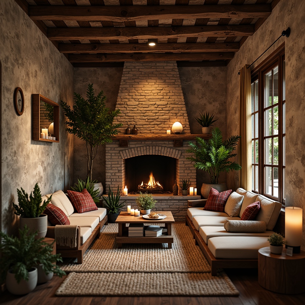 Prompt: Rustic interior, reclaimed wood accents, natural stone walls, earthy color palette, wooden beams, exposed brick, vintage furniture, woven textiles, potted plants, candles, lanterns, warm cozy lighting, shallow depth of field, 1/1 composition, intimate atmosphere, soft focus, realistic textures, ambient occlusion.