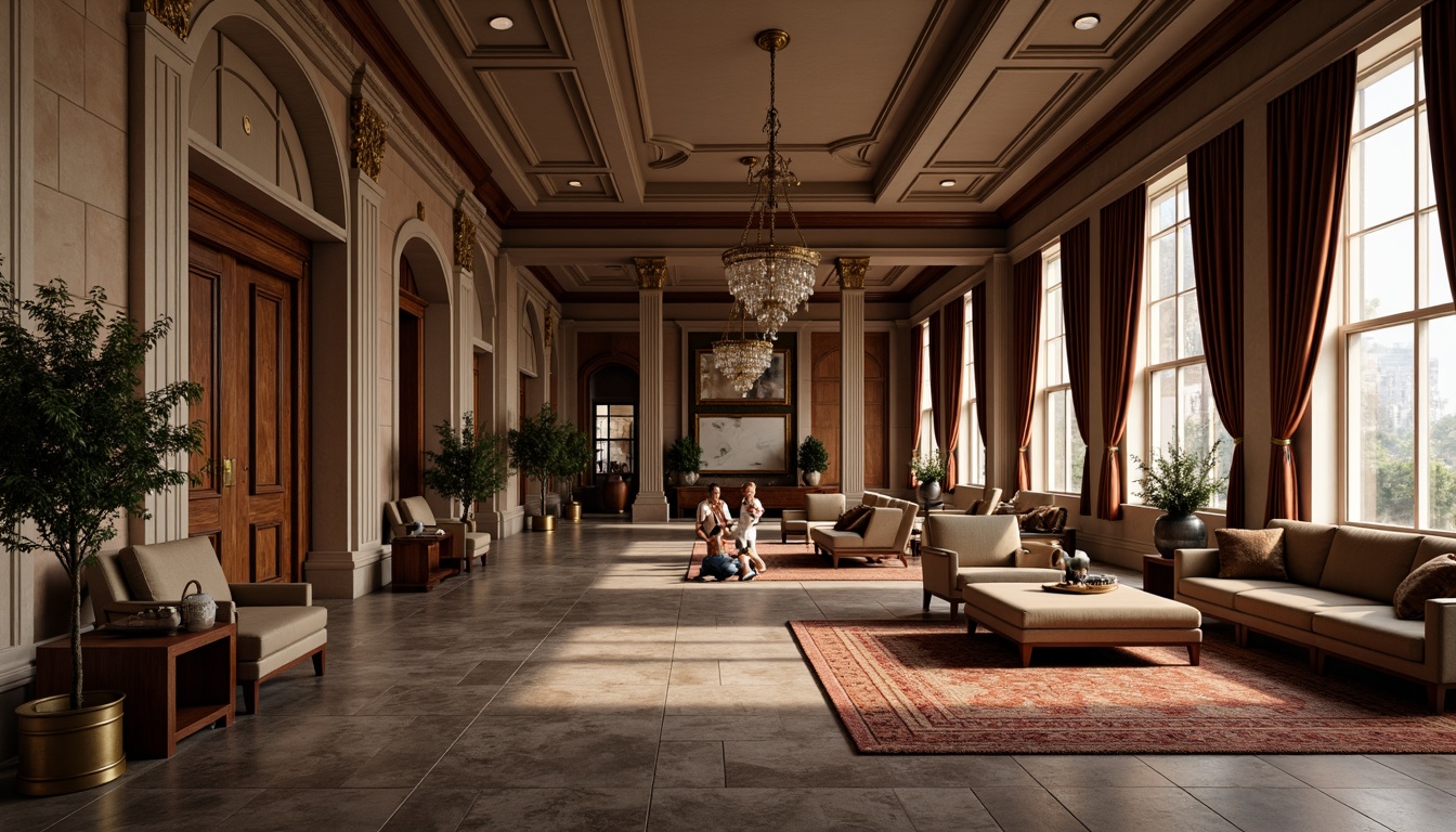 Prompt: Elegant neoclassical interior, refined wood furniture, intricately carved details, plush velvet upholstery, ornate metal fixtures, crystal chandeliers, luxurious drapery, richly patterned rugs, classic columnar architecture, grandiose high ceilings, neutral color palette, subtle gold accents, sophisticated ambient lighting, shallow depth of field, 1/1 composition, realistic textures, soft focus effect.