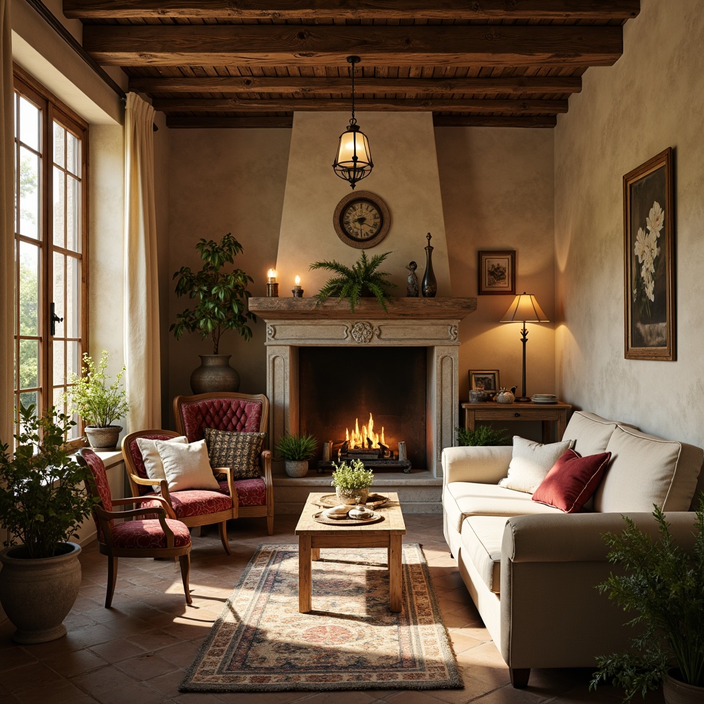 Prompt: Rustic French country interior, soft warm beige walls, distressed wood accents, vintage furniture pieces, elegant cream fabrics, rich burgundy reds, mossy greenery, antique bronze fixtures, ornate gold details, natural stone floors, worn wooden beams, cozy candle lighting, warm golden sunlight, shallow depth of field, 1/1 composition, intimate atmosphere, realistic textures, ambient occlusion.