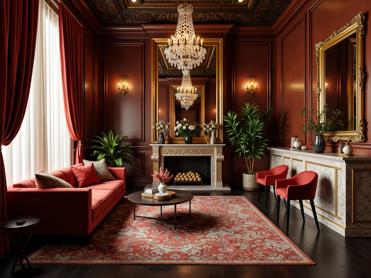 Prompt: Luxurious velvet drapes, ornate golden frames, crystal chandeliers, rich wood paneling, plush area rugs, metallic accents, marble countertops, statement furniture pieces, bold color schemes, opulent textures, lavish patterns, sophisticated ambiance, warm soft lighting, cinematic composition, shallow depth of field, 1/1 ratio, realistic renderings.