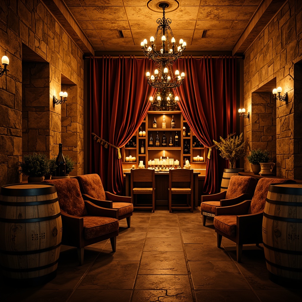 Prompt: Cozy wine cellar, rustic wooden crates, dimly lit ambiance, warm golden lighting, soft glowing candles, wrought iron chandeliers, earthy stone walls, rich wood tones, luxurious velvet drapes, elegant wine barrels, ornate metal racks, intimate seating areas, plush armchairs, ambient shadows, dramatic spotlights, 1/1 composition, low-key illumination, realistic reflections, subtle color grading.